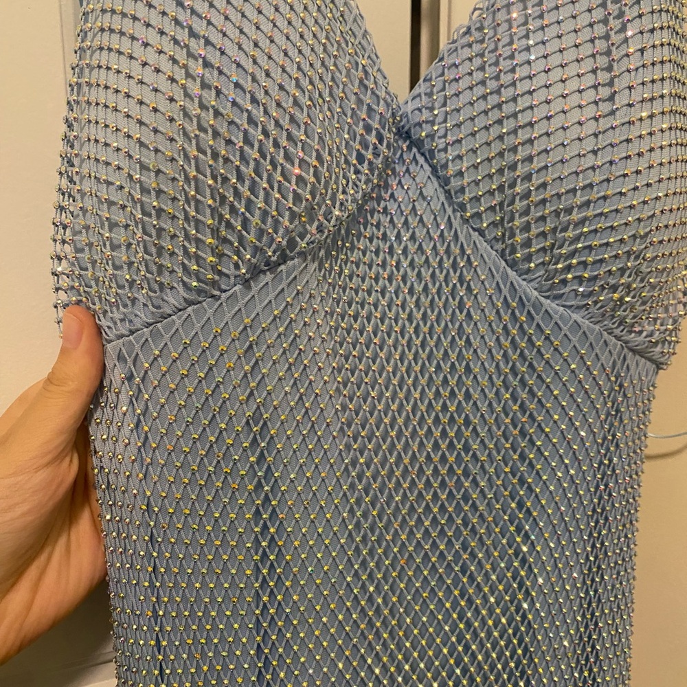 Blue Mesh Dress with Rhinestone Accents